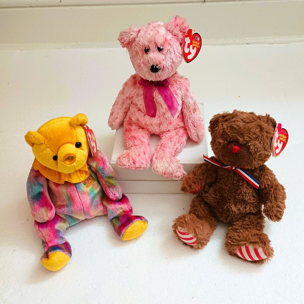 Ty Beanie Babies Lot of 3 NWT Bears Smitten, Uncle Sam, Happy Birthday Topaz